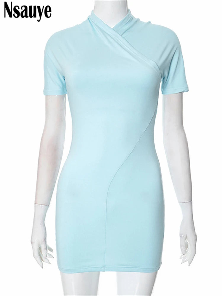 Nsauye Casual Summer Sport Women Short Sleeve Mini Pullover Elegant Dress Bodycon Sexy Night Club Fashion Party Evening Dress