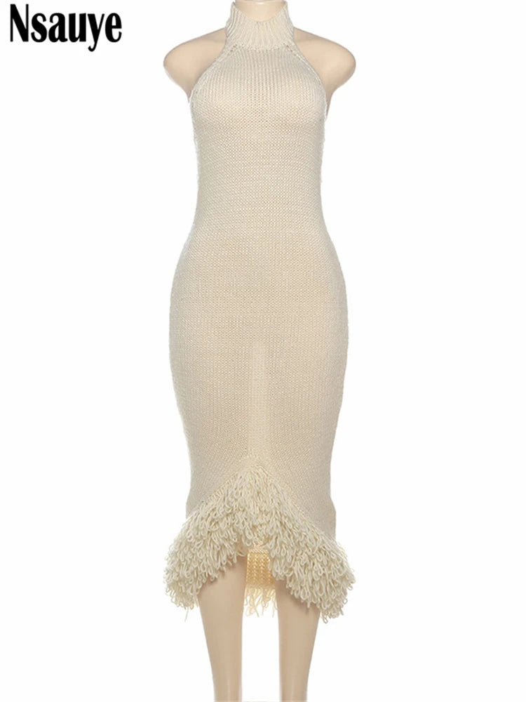 Nsauye Women Sexy Bodycon Knitted Halter Off Shoulder Night Club Dress Long Beach Evening Party Elegant Fashion Dress 2025