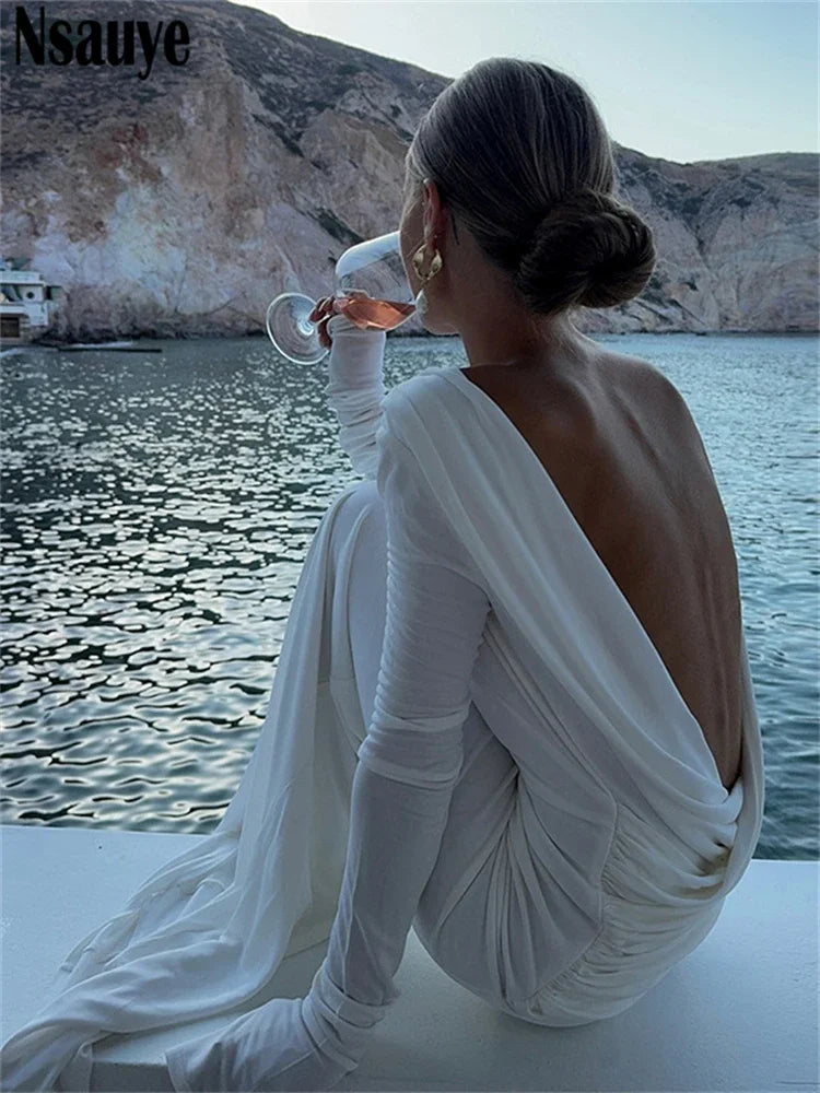 Nsauye Women Prom Dress Wrap Sexy Backless Beach Holiday Fashion Elegant Long Sleeve Wrap Evening Party Night Club Dress 2024