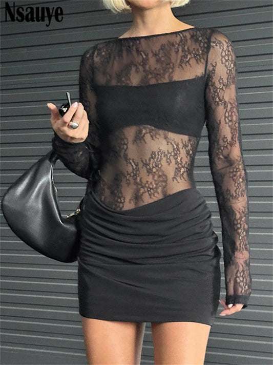 Nsauye Black Dress Women Elegant Long Sleeve Summer New Fashion Sexy Lace See Through Party Evening Club Mini Wrap Dress 2024