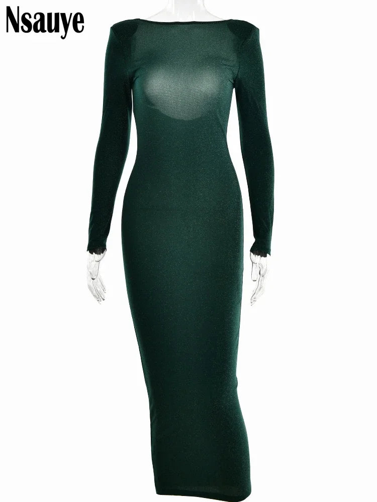 Nsauye Elegant Evening Party Women Sexy Long Sleeve Backless Midi Wrap Dress 2023 Night Club Fashion O Neck Bodycon Dress Outfit
