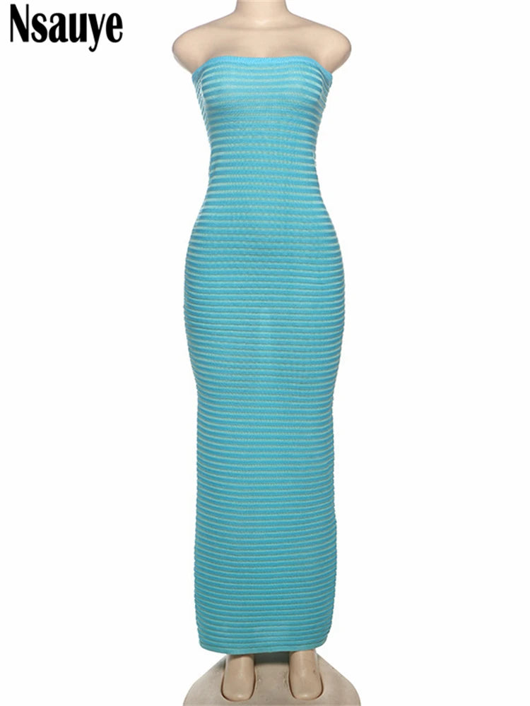 Nsauye Sexy Women Pullover Knitted Casual Beach Elegant Fashion Striped Dress Long Strapless Maxi Club Party Summer Dress 2025