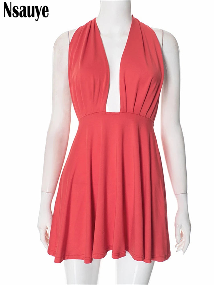Nsauye 2025 Spring New Sleeveless Halter Slim Mini Dress Women Outfit Vintage Elegant Ladies Low Cut Solid Fashion Party Dresses
