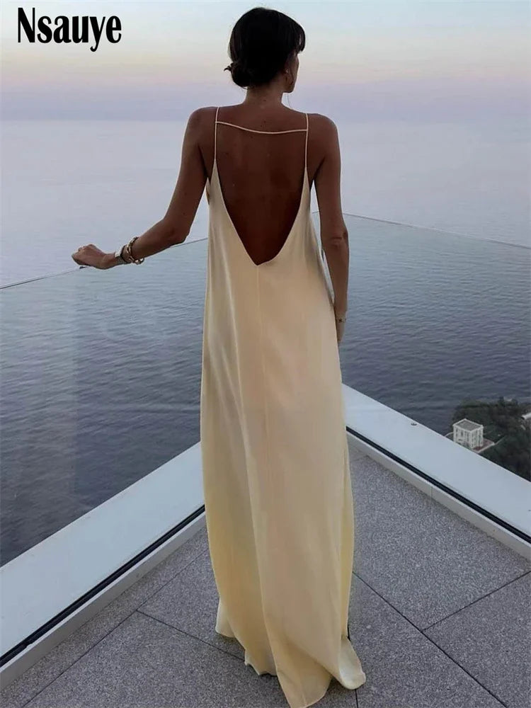 Nsauye Autumn Summer Satin Spaghetti Strap Sexy Backless Long Dresses Women Evening Party Club Elegant Sleeveless Night Sundress
