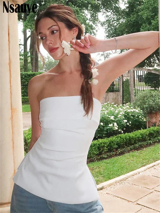 Nsauye Sexy Female Slim Fashion Mini White Casual Club Vest Crop Tops Women Summer Party Y2K Elegant Strapless Tank Tops T Shirt