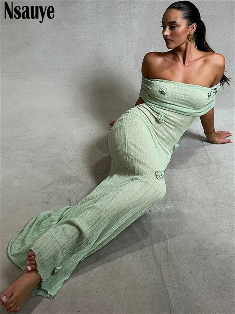 Nsauye Women Chic Elegant Sexy Ribber Knitted Party Night Club Dress Off Shoulder Flowers Summer New Fashion Wrap Dress 2025