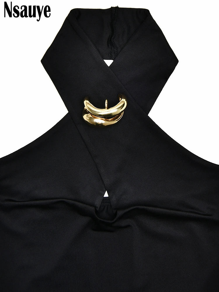 Nsauye Women Elastic Sexy Club Streetwear New Fashion Halter Summer Tank Tops Hollow Out Y2K Chic Black Mini Vest Crop Tops 2025