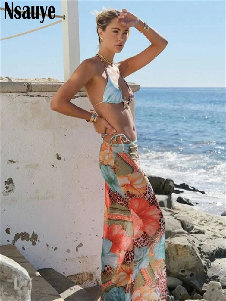 Nsauye Fashion 2 Piece Set Female Halter Bikini Tops High Waist Long Skirt Sets For Women 2025 New Summer Beach Party Outfits