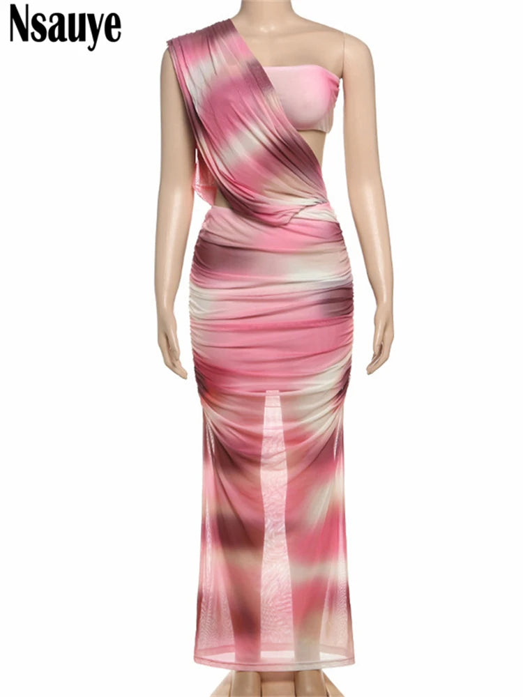 Nsauye One Shoulder Women Sexy Mesh Long Summer Casual Holiday Beach Dress 2025 Fashion Night Club Tie Dye Print Party Dresses