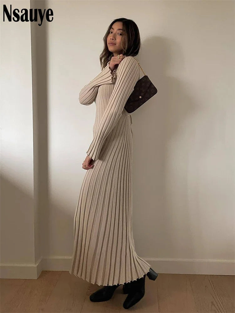 Nsauye Knitted Dresses For Women 2022 Autumn Winter Elegant Pleated Long Dresses Long Sleeve V Neck Casual Slim White Maxi Dress