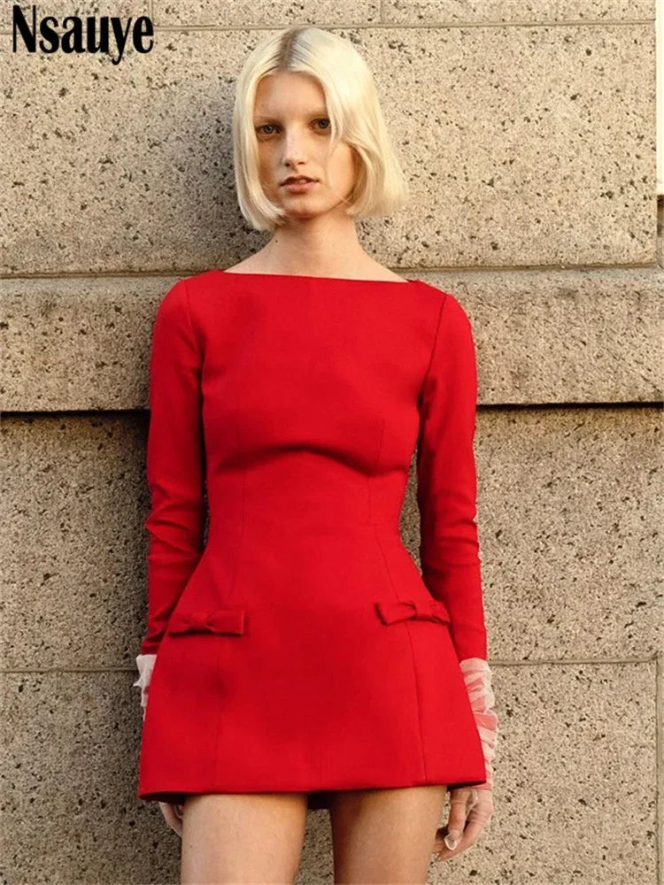 Nsauye Sexy Elegant Party Dress For Women Winter 2024 Long Sleeve Red Clothes Sexy Holiday Evening Night Club Fashion Dresses