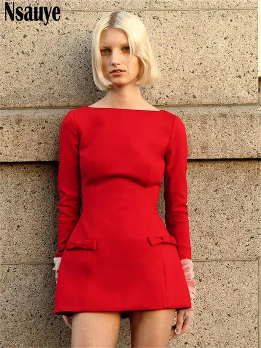 Nsauye Sexy Elegant Party Dress For Women Winter 2024 Long Sleeve Red Clothes Sexy Holiday Evening Night Club Fashion Dresses