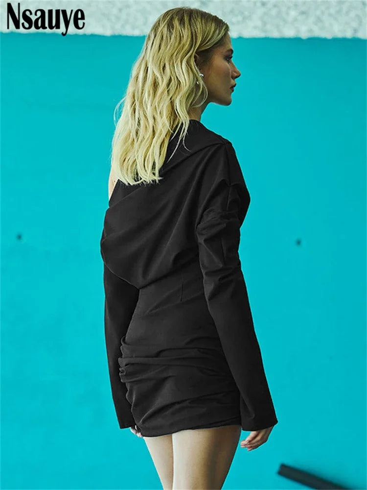 Nsauye Sexy High Waisted Elegant Fashion Long Sleeve Party Mini Dress Bodycon Evening Holiday Club Female Chic Black Dress 2024