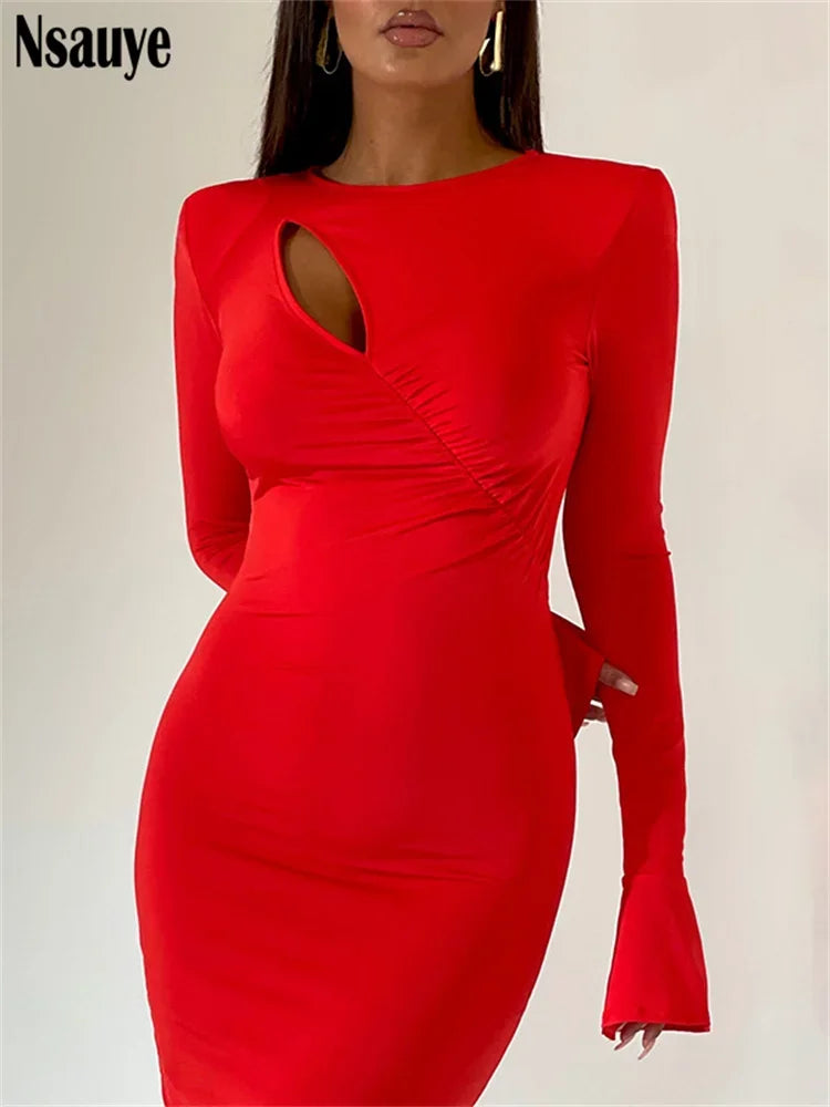 Nsauye Hollow Out Sexy Long Flare Sleeve Sexy Long Dresses For Women 2023 Winter Solid Elegant Evening Party Dress Ladies Robe