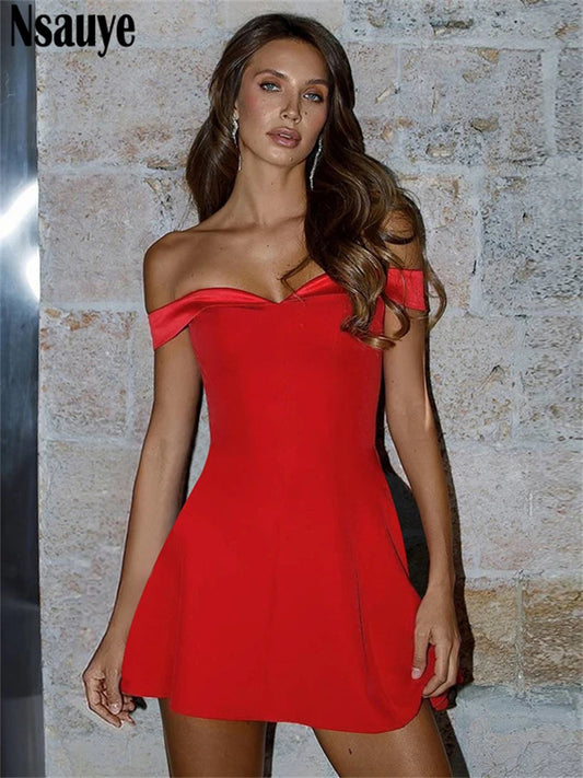 Nsauye Ladies Fashion Clothes Red Mini Bodycon Off Shoulder Sexy Club Dress A-Line Women Skinny Evening Party Dress 2025 Summer