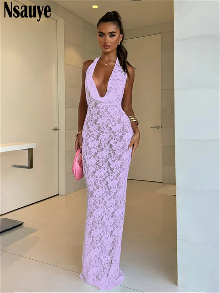 Nsauye 2024 Sexy Backless Halter Casual Beach Holiday Long Fashion Dress Elegant Night Club Hollow Out Party Maxi Wrap Dress