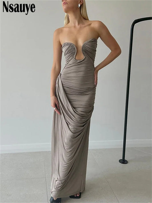 Nsauye Women Elegant Evening Party Fashion Sexy Ruched Backless Club Dress Wrap 2024 Summer V Neck Long Bodycon Dress Sleeveless