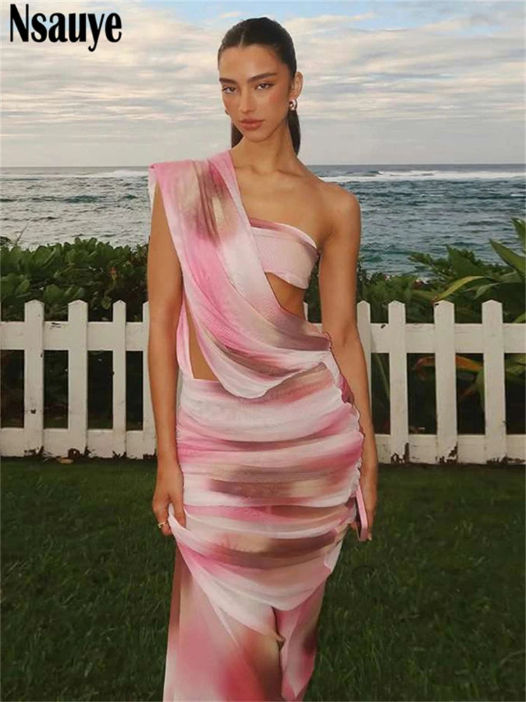 Nsauye One Shoulder Women Sexy Mesh Long Summer Casual Holiday Beach Dress 2025 Fashion Night Club Tie Dye Print Party Dresses