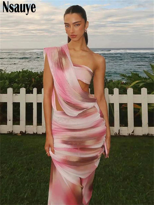 Nsauye One Shoulder Women Sexy Mesh Long Summer Casual Holiday Beach Dress 2025 Fashion Night Club Tie Dye Print Party Dresses