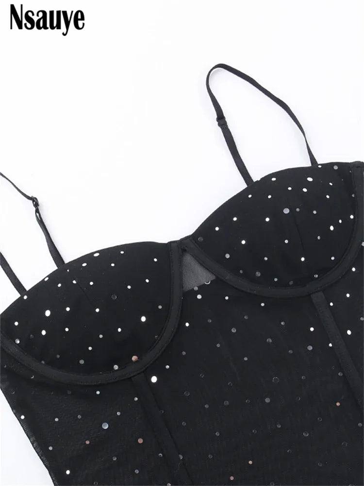 Nsauye Black See Through Mesh Camis Crop Tops Women Winter 2023 Y2K Clothes Sleeveless Sexy Tank Tops Aesthetic Tees Female