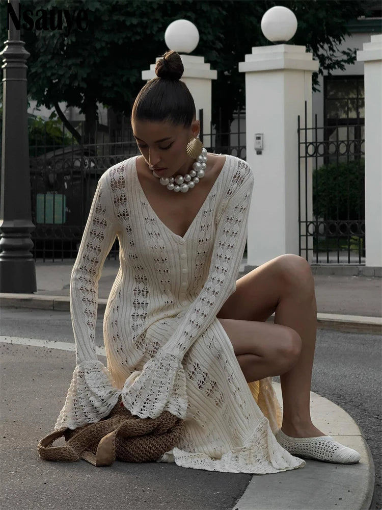 Nsauye Sexy Beach Knitted Casual Holiday Maxi Cardigans Dress Party Club Autumn Summer 2024 Fashion Hollow Out Long Sleeve Dress