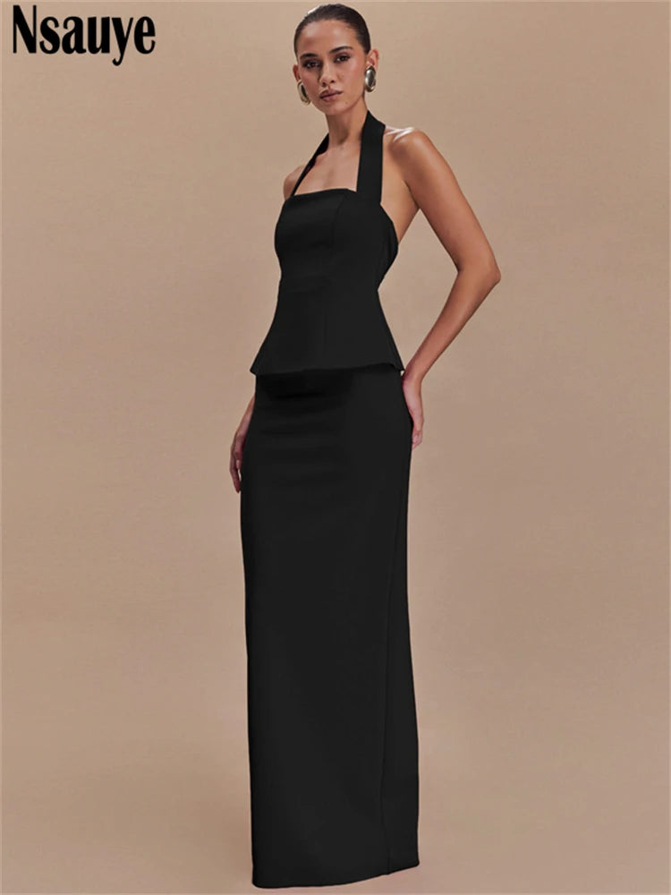 Nsauye 2025 New Fashion Women Elegant Sexy Skirt Two Piece Set Halter Crop Tops Night Club Evening Party Long Wrap Set Outfits