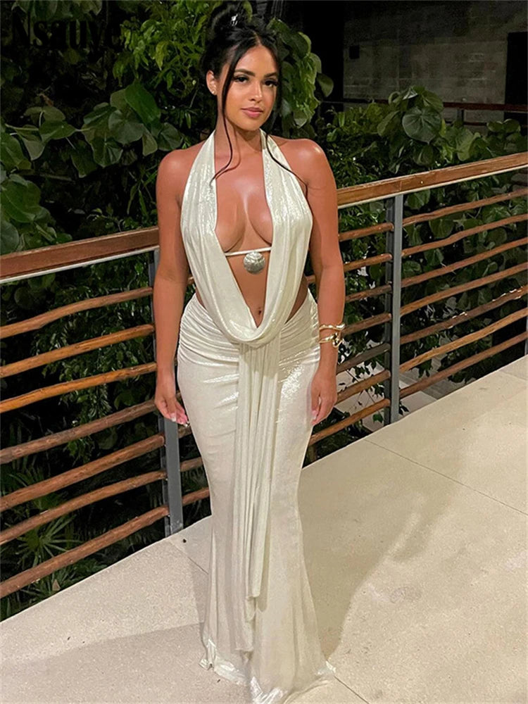 Nsauye 2025 Summer Elegant New In Matching Sets Halter Crop Tops+High Waist Long Skirt Holiday Party 2 Piece Set Women Outfits