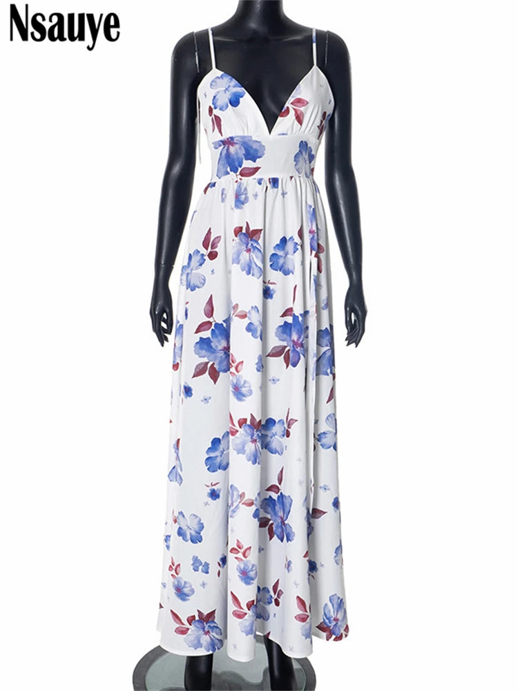 Nsauye Women Fashion New 2025 Spring Sexy Beach Holiday Maxi Skinny Floral Print Dress Clothes Party Evening Casual Dress Long