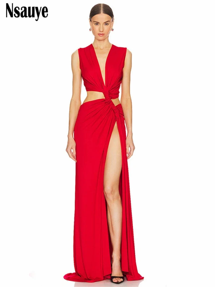 Nsauye Summer Holiday Beach Maxi Sexy Low Cut Out Women Club Dress Evening Party Off Shoulder High Split Elegant Wrap Dress 2024