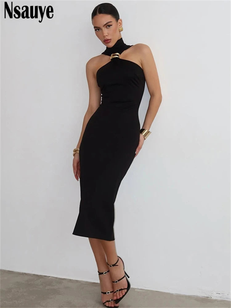 Nsauye Women Sexy Evening Party Fashion Elegant Night Club Black Halter Dress 2025 Summer Off Shoulder Bodycon Midi Dress Outfit