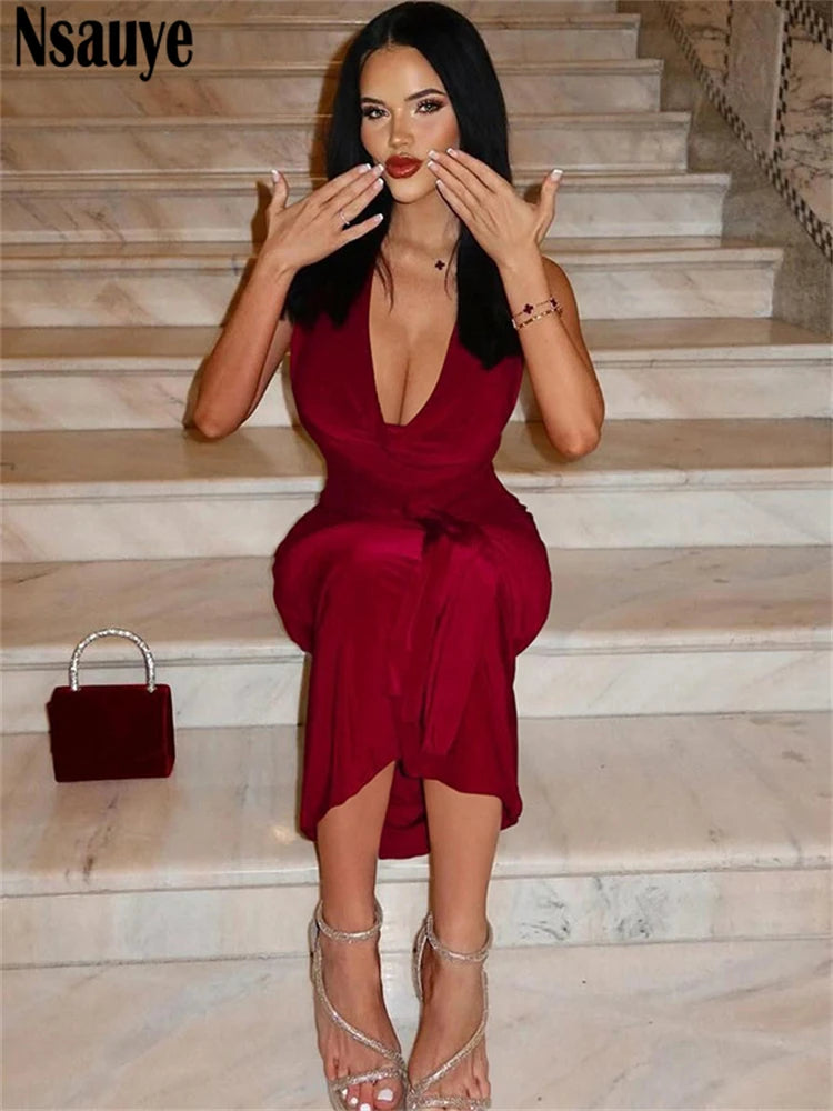 Nsauye Evening Dress Elegant New Fashion Summer Red Long Maxi Sexy Party Halter Women Clothing Vestidos Dress Night Club 2025
