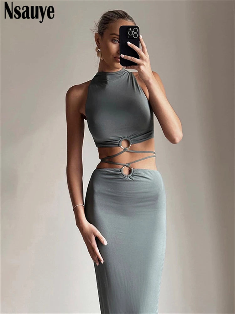 Nsauye Women Summer Fashion Sexy Club Crop Tops Lace Up Party Long Low Waisted Skirt Dress New In Matching Two Piece Set 2025