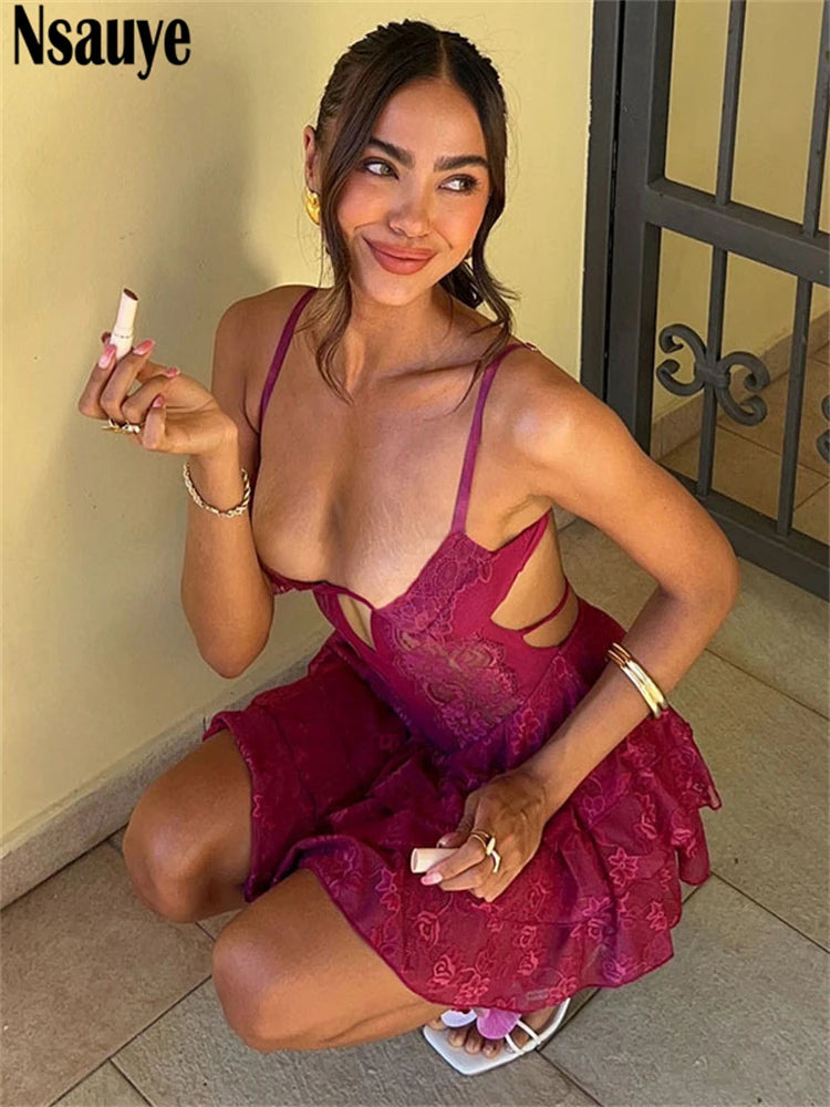 Nsauye 2025 Summer Red Spaghetti Strap Lace Cute Sexy Mini Dress Women Clothing Beach Party Sleeveless Cut Out Dress Vestidos