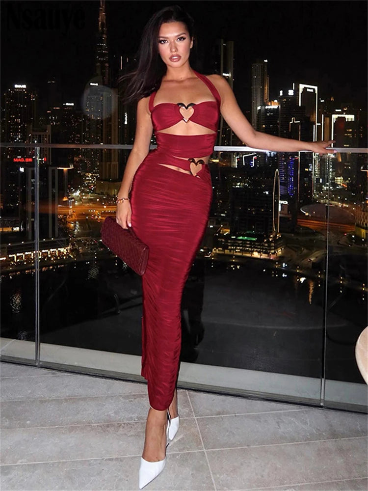 Nsauye 2025 Summer Women Hollow Out Sexy Club Party Halter Crop Tops + Long Ruched Fashion Skirt 2 Piece Matching Set Outfits