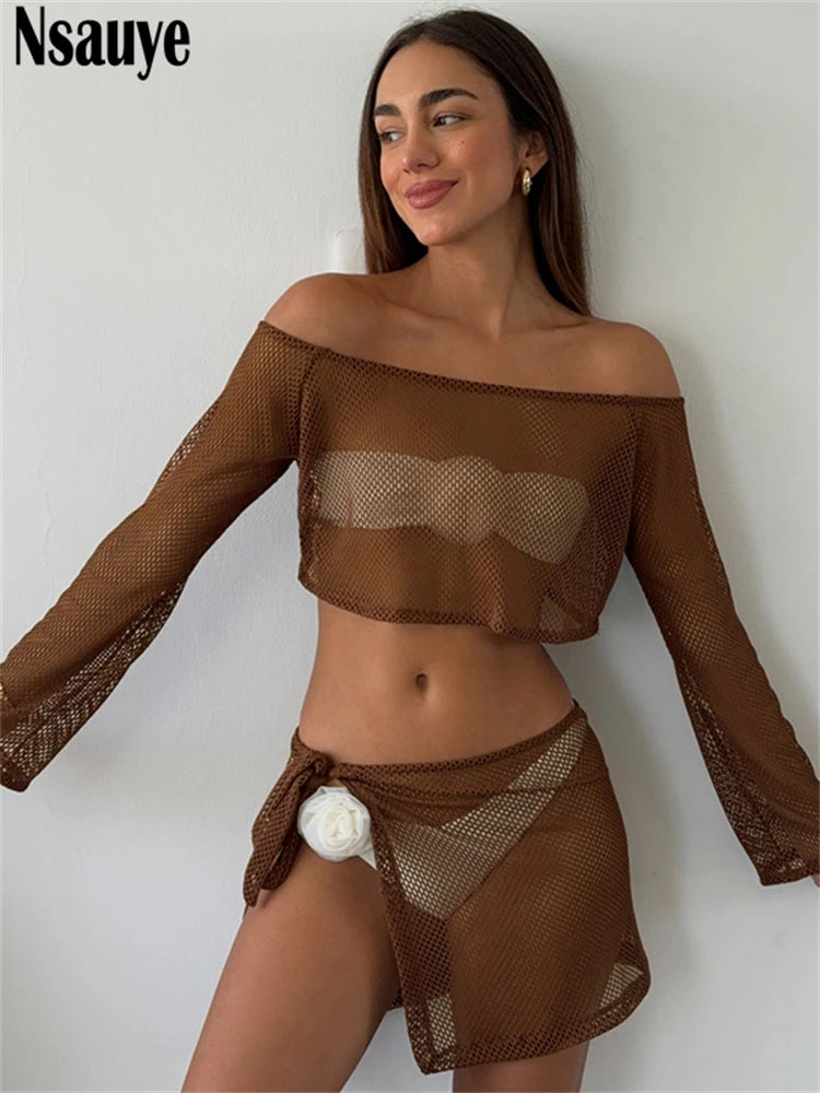 Nsauye Sexy Women Casual Summer Beach Suit Long Sleeve Mesh Hollow Out Top Cover Up Mini Club Low Waist Skirt Two Piece Set 2025