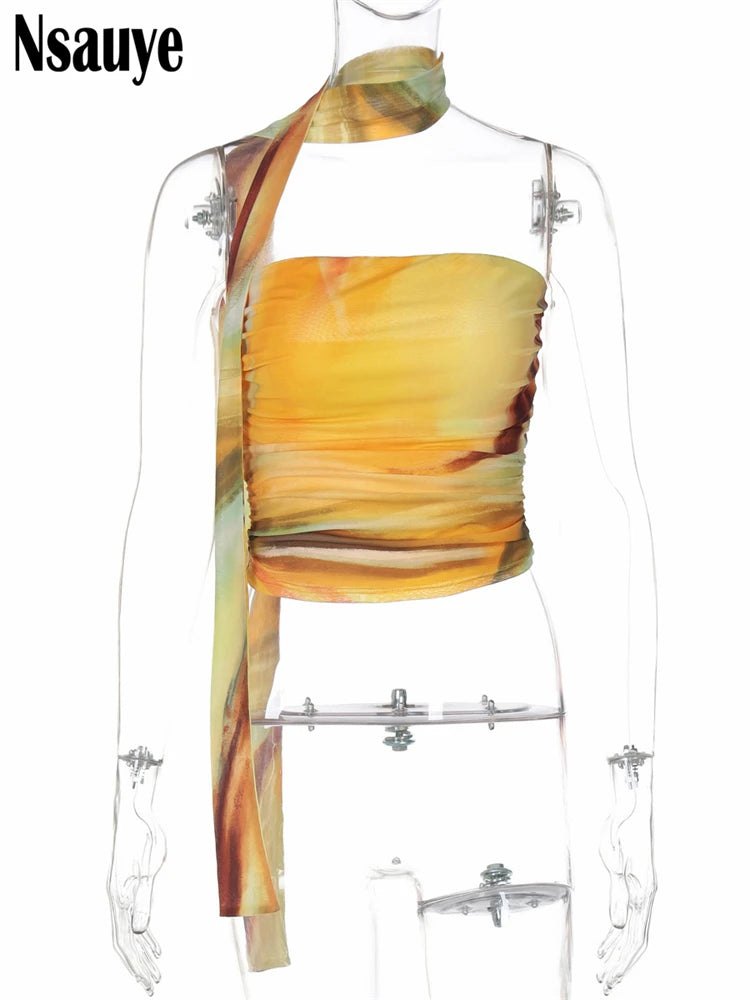 Nsauye 2025 New Sleeveless Halter Tie Dye Print Crop Top Streetwear Summer Women Clothes Y2K Sexy Backless Ruched Tank Tops Club