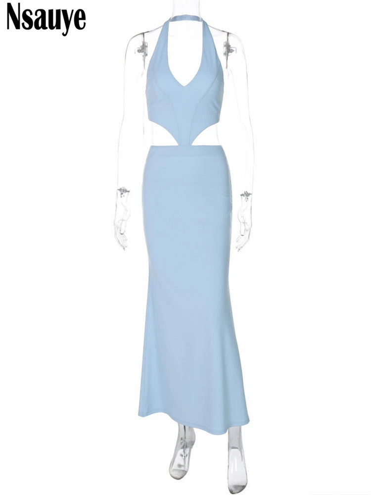 Nsauye 2025 New Spring Summer Sexy Elegant Long Cut Out Bodycon Dress Maxi Women Clothes Night Club Evening Party Halter Dress