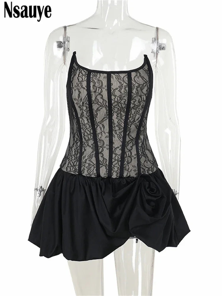 Nsauye Strapless Women High Waisted Evening Party Sexy Black Lace Corset Dress Mini Night Club 2024 Chic Fashion Bud Dress