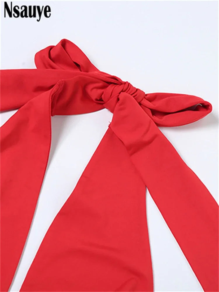 Nsauye Summer Beach Casual Backless Red Mini Wrap Ladies Fashion Clothes Dress 2024 Elegant Sexy Party Club Night Halter Dress