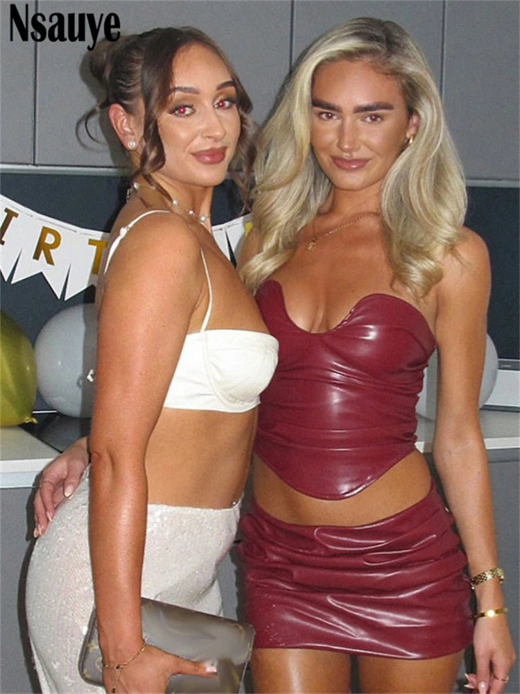 Nsauye Women High Streetwear Fashion Y2K Leather Corset Crop Tops 2025 Summer Sexy Club Mini High Waisted Skirt Two Piece Set