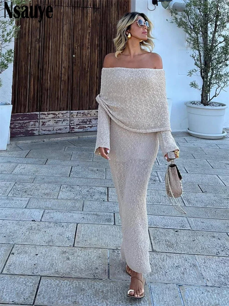 Nsauye Sexy Beach Holiday Women Long Sleeve Summer Maxi Club Dress Fashion Evening Party Knitted Bodycon Elegant Dress 2024