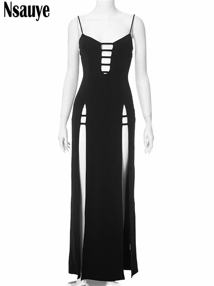Nsauye Elegant Black Dress Long Sexy Women High Split Hollow Out Fashion Evening Party Club Dress Bodycon Summer Clothes 2024