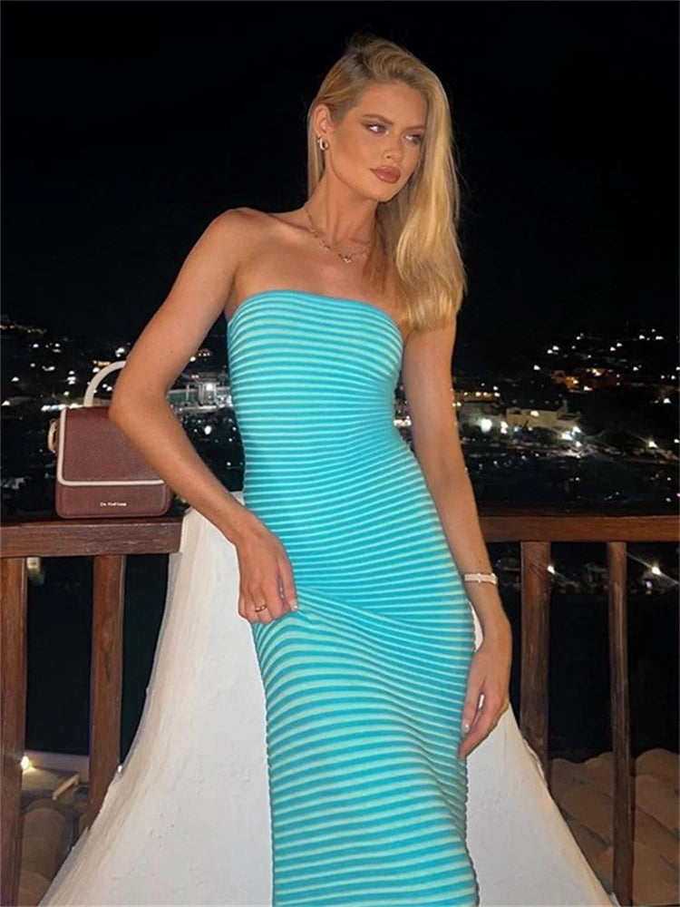 Nsauye Sexy Women Pullover Knitted Casual Beach Elegant Fashion Striped Dress Long Strapless Maxi Club Party Summer Dress 2025