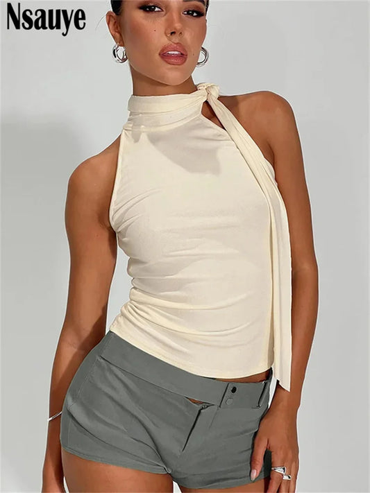 Nsauye Casual Women Sleeveless Slim Y2K Sexy Clubwear Fashion Crop Tops Halter Vest Streetwear Mini Basic Tank Tops Summer 2025