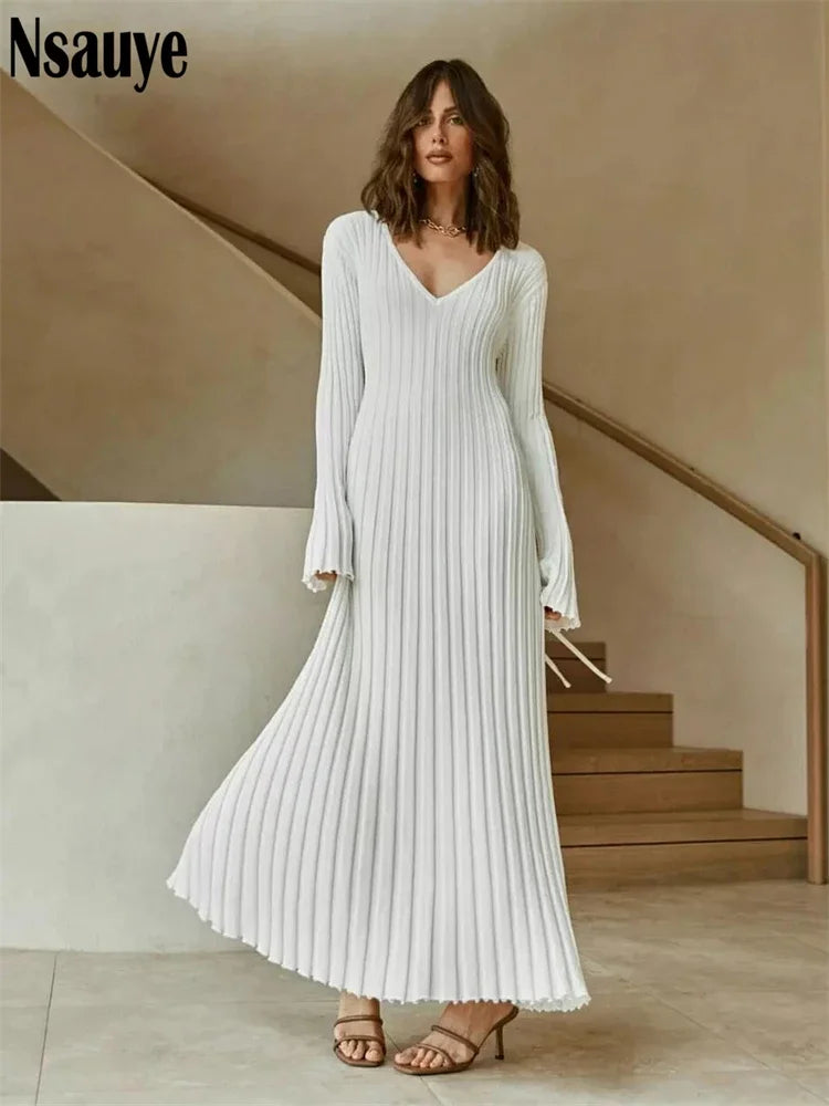 Nsauye Knitted Dresses For Women 2022 Autumn Winter Elegant Pleated Long Dresses Long Sleeve V Neck Casual Slim White Maxi Dress