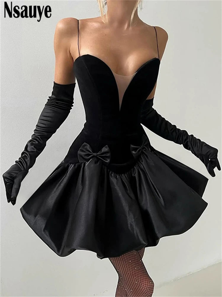 Nsauye Chic Women New Fashion Black Satin Sexy Club Velvet Elegant Retro Dress Bud Mini A-Line Evening Party Summer Dress 2025