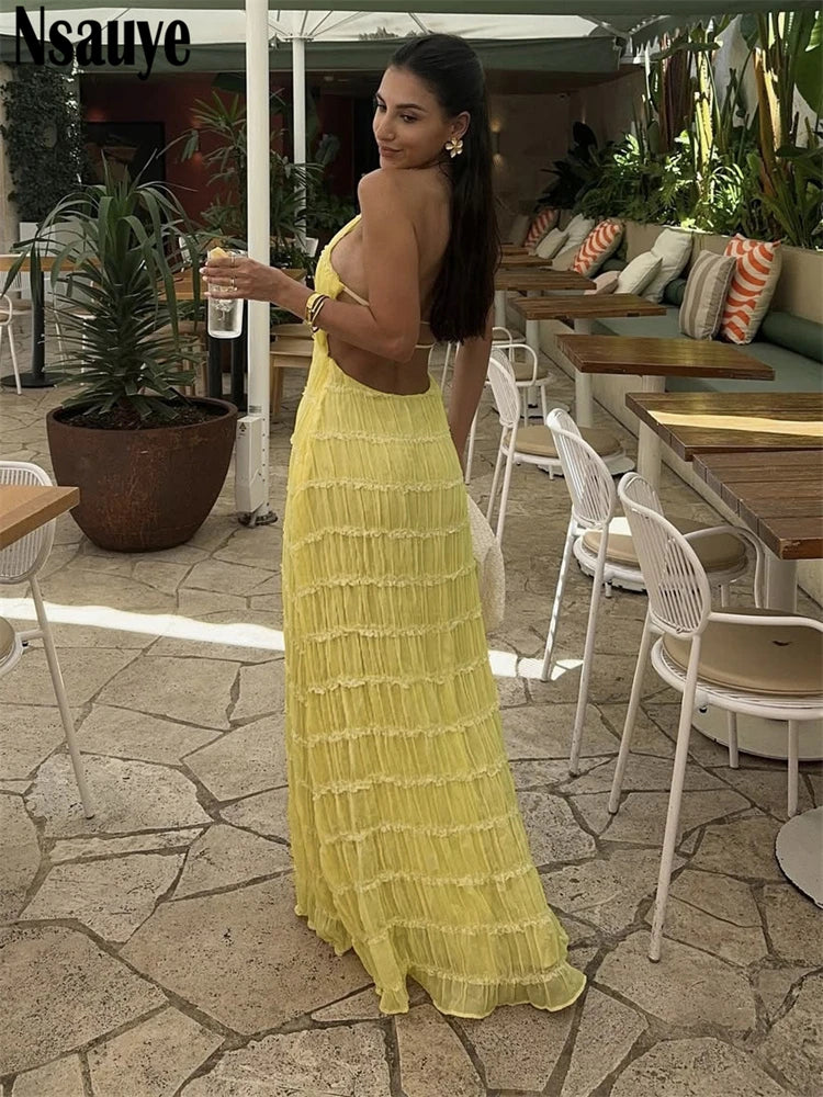 Nsauye Women Sexy New Fashion Pleated Halter Long Summer Vacation Dress Casual Beach 2025 Night Club Evening Party Dress Elegant