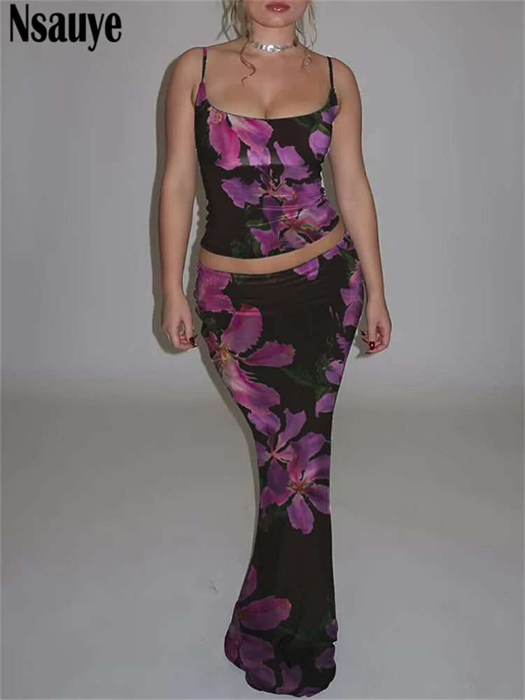 Nsauye Women Party Sexy Skirt Dress New In Matching Two Piece Set Outfits 2025 Summer Tie-Dye Print Crop Top Long Club Skirt Set