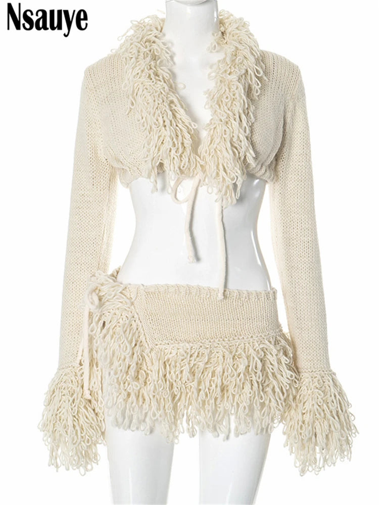 Nsauye Women Sexy Club Y2K Tassel Knitted Long Sleeve Sweater Cardigans Crop Tops Mini High Waisted Party Skirt Two Piece Set