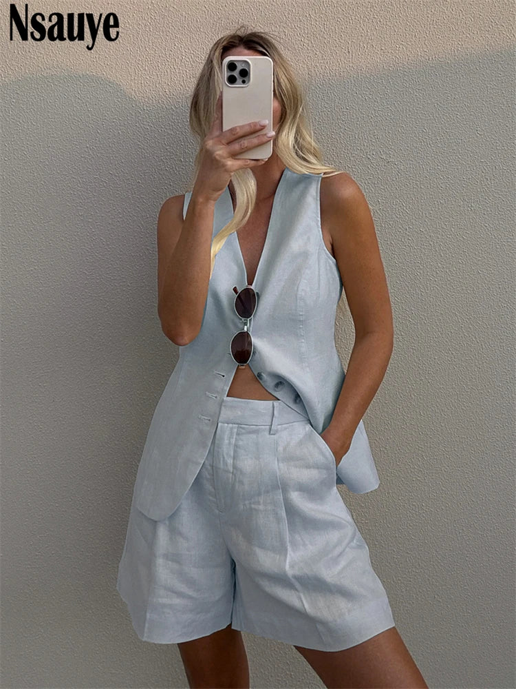 Nsauye Casual Women Fashion Summer Tracksuit Shorts Set 2025 Sleveeless Vest Tops Y2K Mini High Waisted Shorts Two Piece Set